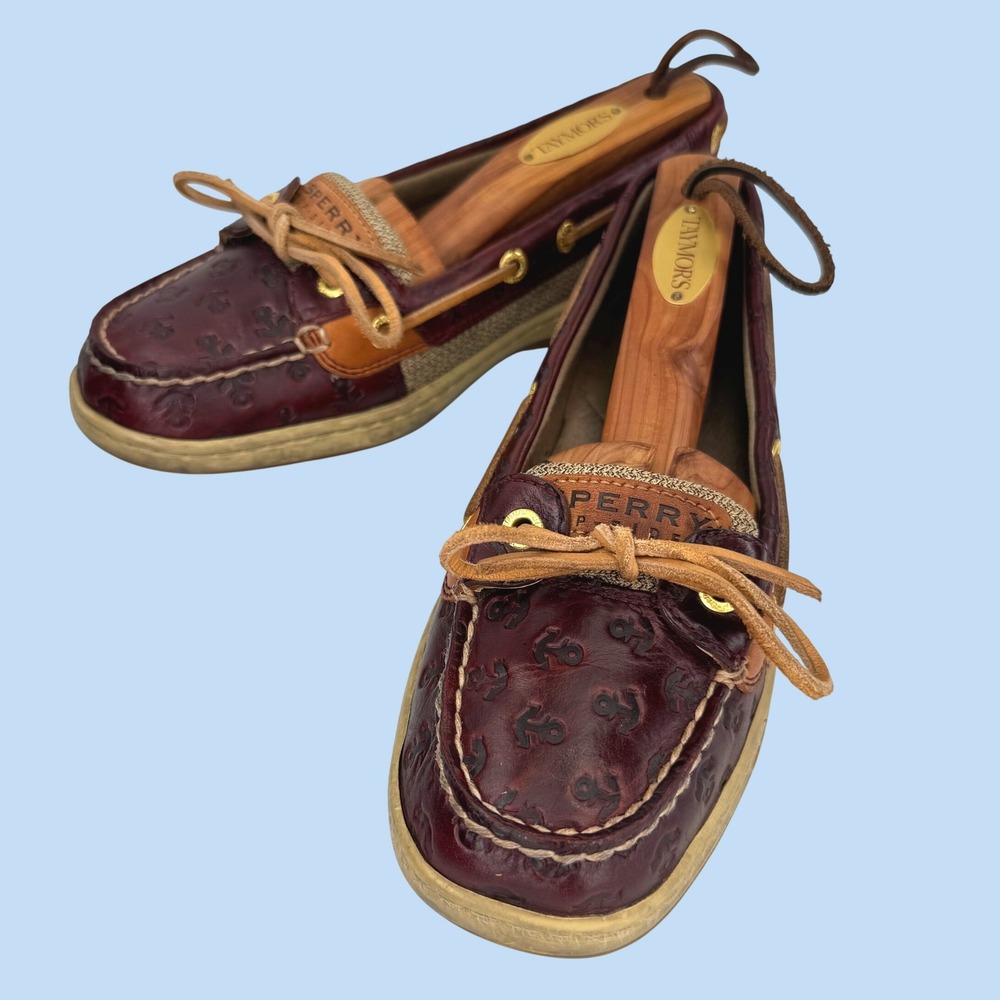 Sperry Top Sider Angelfish Women 7M Cordovan Embossed Anchor Brown Leather Deck